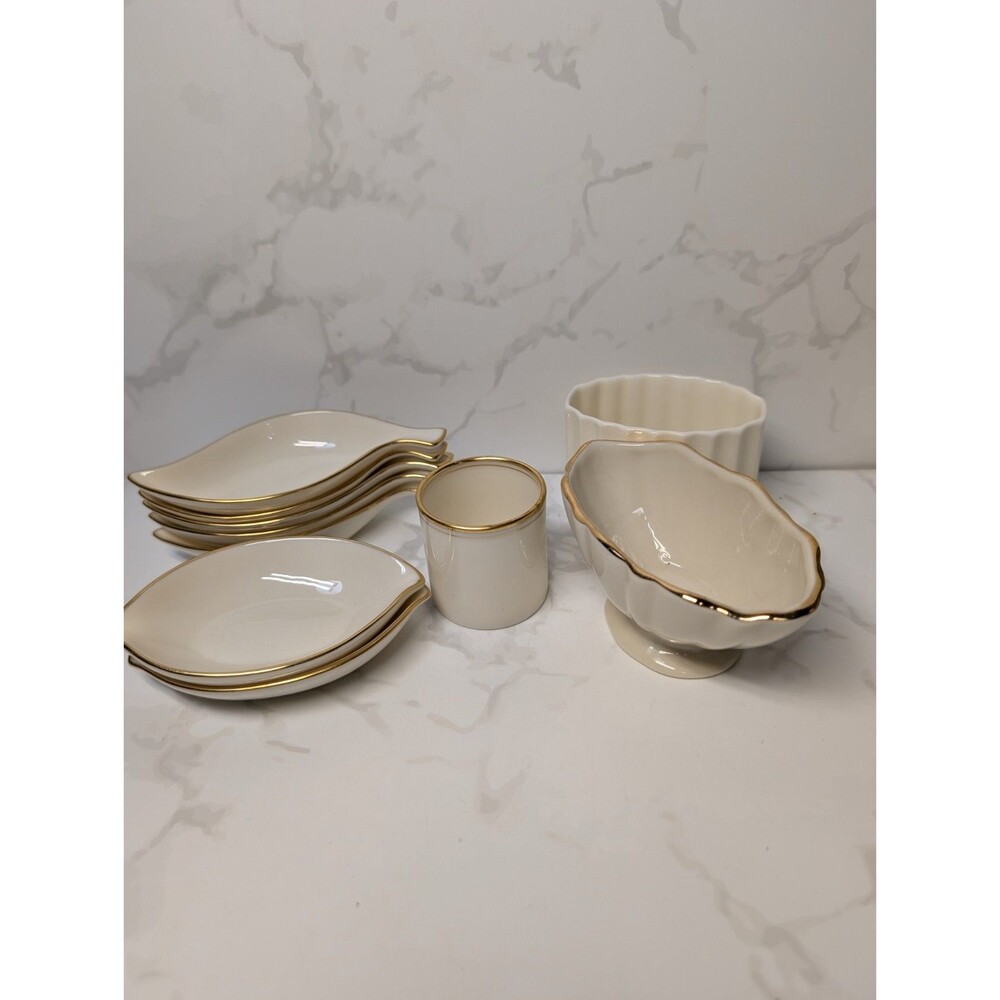 Lenox Ivory Gold Trim Lot Leaf Dishes Vase Bowl Planter Set